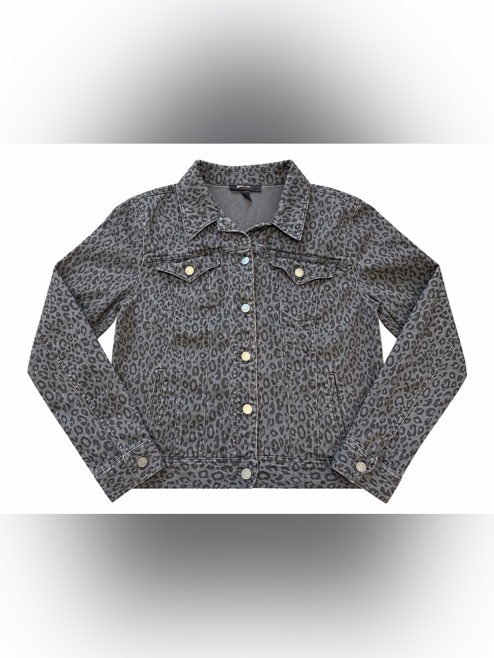 Style & Co Jeans Leopard Print Denim Jacket Women’s L Gray Animal Print Stretch